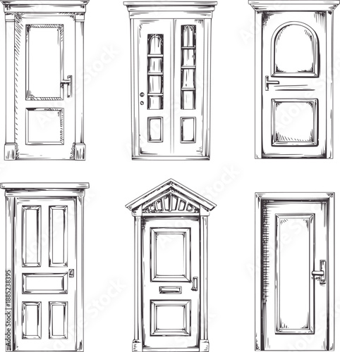 Six hand drawn of various architectural doors entrance wood panel