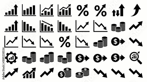 Business statistics icon set showing various charts, line graphs, percentage symbols, currency stacks and data analysis arrows, concept for financial reporting, market analysis and investment strategy