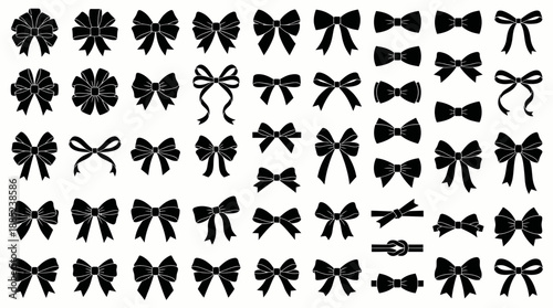 Diverse set of decorative black ribbon bow knot silhouettes in seamless vector pattern isolated on white, concept for gift wrapping, holiday decoration and celebration design
