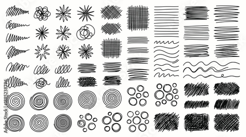 Diverse set of black vector scribble lines, hatching patterns, spirals and circles on isolated white background, concept for graphic design assets, texture overlays and artistic decoration
