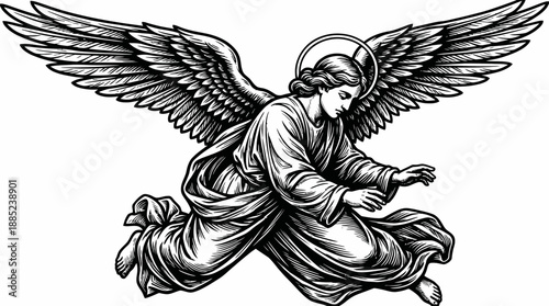 Detailed black and white vector drawing of a flying angel with large feathered wings and a halo in woodcut style, concept for spiritual design, religious tattoos and apparel printing