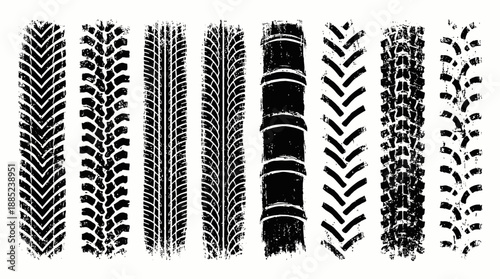 Detailed black grunge tire track marks set showcasing various vehicle treads on a white background, concept for rugged advertising, racing promotions and industrial graphic design