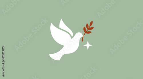 Minimalist white dove illustration flying with an olive branch and star sparkle on a dusty green background, concept for peace promotion, spiritual brand identity and religious holiday greeting cards