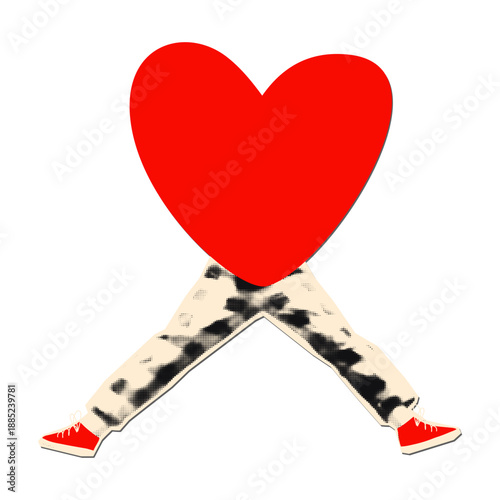 Red heart with halftone legs jumping, funny playful cut out element for collage. Valentine's day, love, support. Modern retro grunge mixed media sticker vector illustration on transparent background