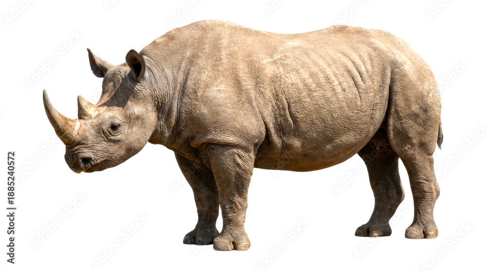 Obraz premium Large black rhinoceros with two horns stands in a full-length side profile view, showcasing its thick, wrinkled gray skin and powerful, majestic build