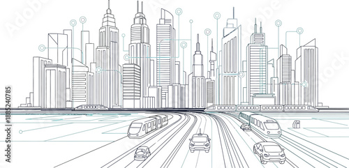 Futuristic cityscape illustration depicting interconnected smart transportation systems including automated vehicles and high speed trains beneath digital infrastructure