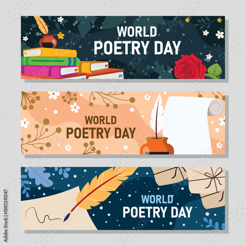 Celebrating world poetry day with books feathers and floral elements