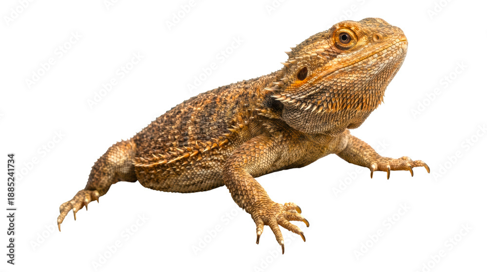 Fototapeta premium Brown bearded dragon lizard with spiky scales and sharp claws looks up curiously in a detailed studio portrait showing its textured skin and bright orange eye
