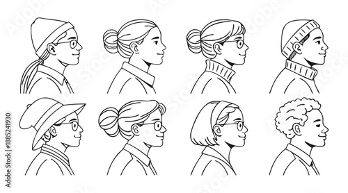 Mixed gender profile head illustrations showing diverse hairstyles and cultural identities in line art style
