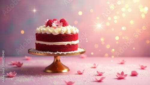A decadent red velvet cake in a magical background. The cake consists of two layers with white cream in the middle and top. The top cream layer is decorated with strawberries and flowers. 
