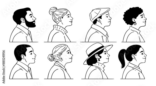 Mixed gender profile head illustrations showing diverse hairstyles and cultural identities in line art style