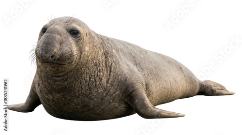 Large gray northern elephant seal with thick wrinkled skin and long whiskers is lying down and looking directly at the camera with its big, dark, expressive eyes in a full-body view