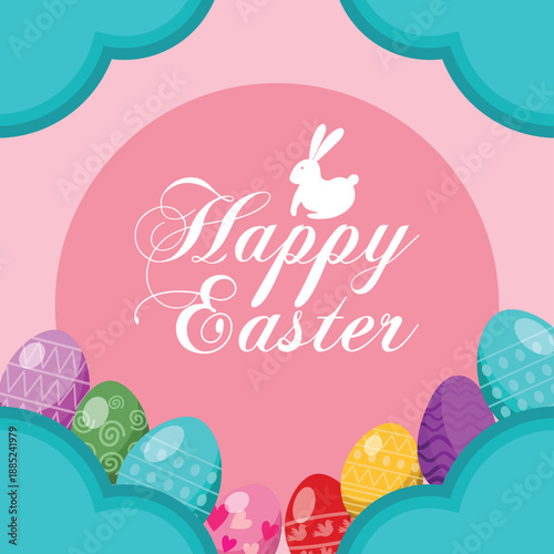 greeting card template of easter day with easter egg and pink background