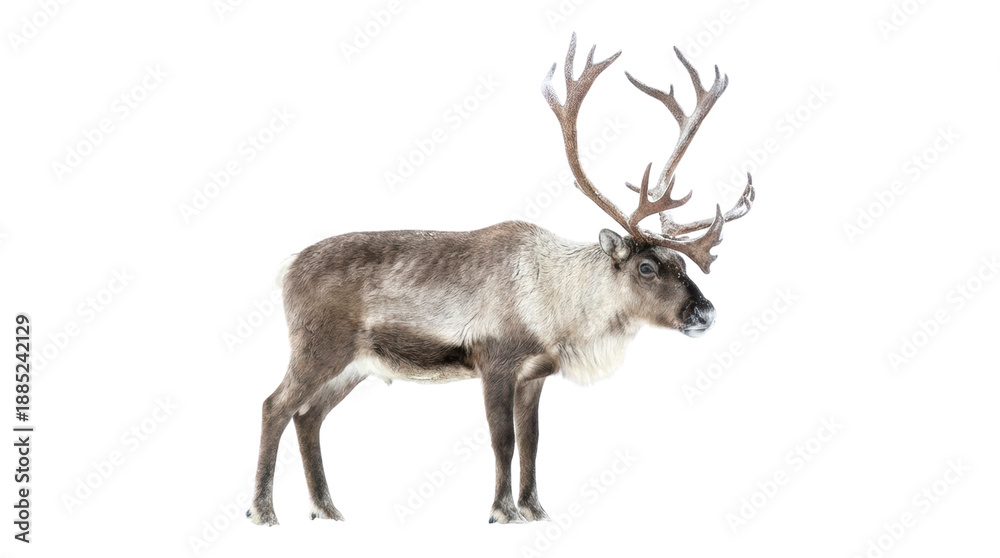 Obraz premium Majestic full-length reindeer with large antlers stands proudly in a side profile view, showcasing its thick grey and white winter fur and powerful physique