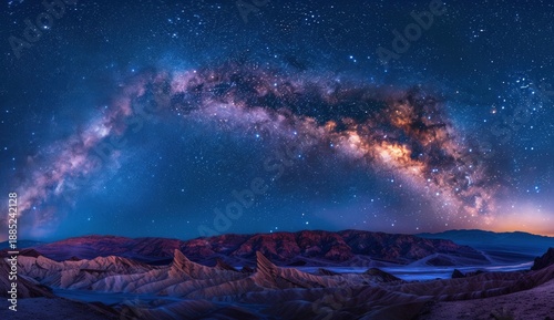 Stunning Milky Way galaxy brilliantly arches over a desolate, rugged desert at night