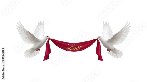 Two beautiful white doves flying together hold a red ribbon with the golden word love, symbolizing romance and peace for a wedding or Valentine's Day celebration