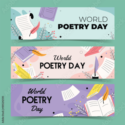 Fotografie World poetry day illustrations with books scrolls and feather quills