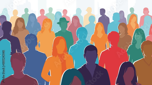 Diverse Crowd Of People Silhouettes In Many Colors.