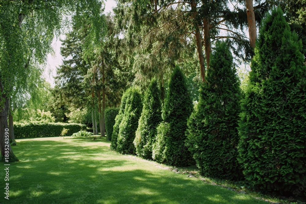 Naklejka premium Lush green landscaping in a serene park featuring neatly trimmed lawn and vibrant trees in bright sunlight