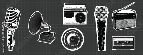 Vintage Retro Halftone Style Audio Equipment Collection with Retro Microphones, Gramophone, Cassette Tape, Radio, Speaker, and Boombox Monochrome Retro Halftone Pop Art Graphic Illustration Style
