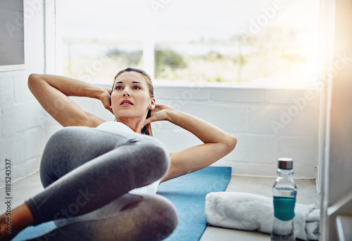 Free Download Yoga fitness, woman and crunch in home for core strength, functional exercise and practice on mat. Yogi, person and abdominal curl in morning for workout routine, abs warm up and holistic wellness - GFXLoad