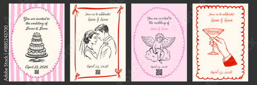 Vintage wedding invitation romantic collection. Hand drawn coquette cards with cake, elegant couple, champagne and cupid. Whimsical sketch templates for wedding party.