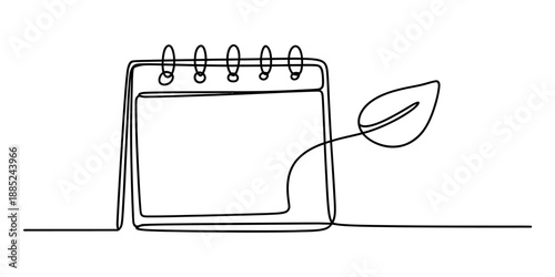 Continuous line drawing of a calendar and a leaf representing time and nature