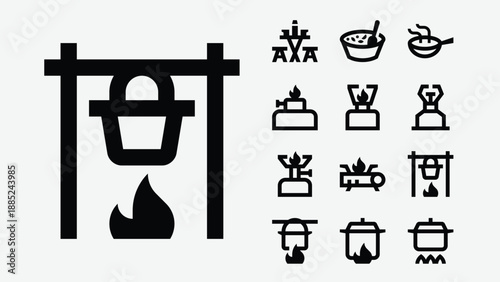 Outdoor cooking and camping food icons set