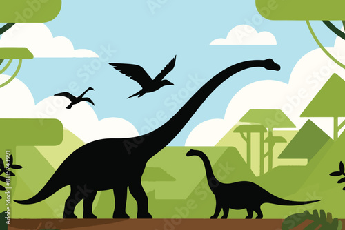 Prehistoric scene with two sauropod dinosaurs, flying pterosaurs, green landscape, and cloudy blue sky.