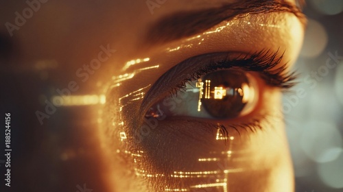 Woman's eye, circuit overlay, bokeh background, future tech concept