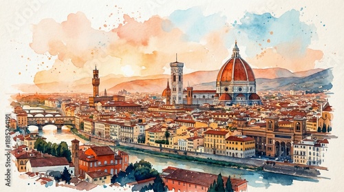 Watercolor Panorama of Florence - A vibrant watercolor painting depicting a panoramic view of Florence, Italy, showcasing its iconic landmarks and architectural beauty