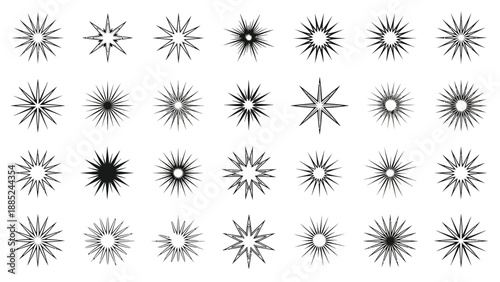 Collection of unique black and white vector starburst shapes showcasing various spike designs for graphic design and festive decoration elements