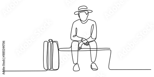 A minimalist continuous line drawing depicting a traveler waiting on a bench with luggage