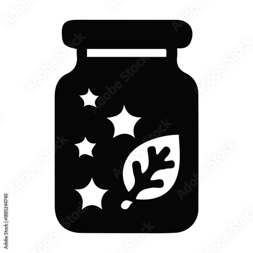 Mystical jar icon with a vibrant leaf and sparkling dust, symbolizing natural magic, botanical elixirs, or preserved herbal remedies for whimsical and enchanting designs