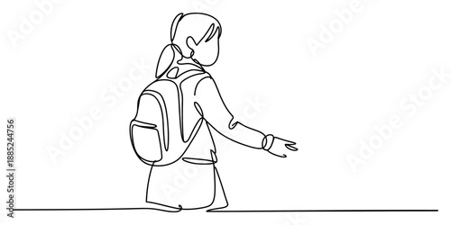 Single continuous line drawing of a student with a backpack walking away