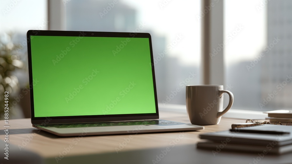Fototapeta premium Laptop with green screen placeholder on a tidy office desk