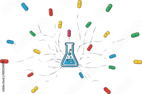 Dynamic illustration of a laboratory flask at the center, radiating colorful capsules, symbolizing scientific research, chemical synthesis, and the evolution of medical treatments