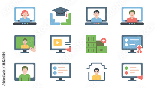 Online learning and video conferencing icons set