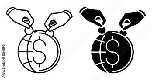 Linear icon. Participants of the international banking fund make cash contributions to the bank cash desk. Simple vector isolated on white background