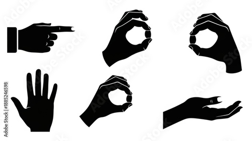 Collection of Black Hand Gestures Silhouettes Isolated on White.