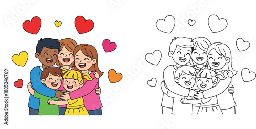 Happy diverse group of friends hugging surrounded by hearts, vector illustration with black and white outline version for coloring book page