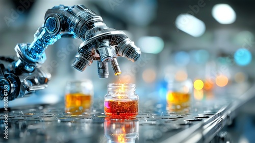 Wallpaper Mural Robotic arm performing precision liquid analysis during pharmaceutical research, highlighting cutting edge automation and technological advancement in scientific laboratory environment Torontodigital.ca