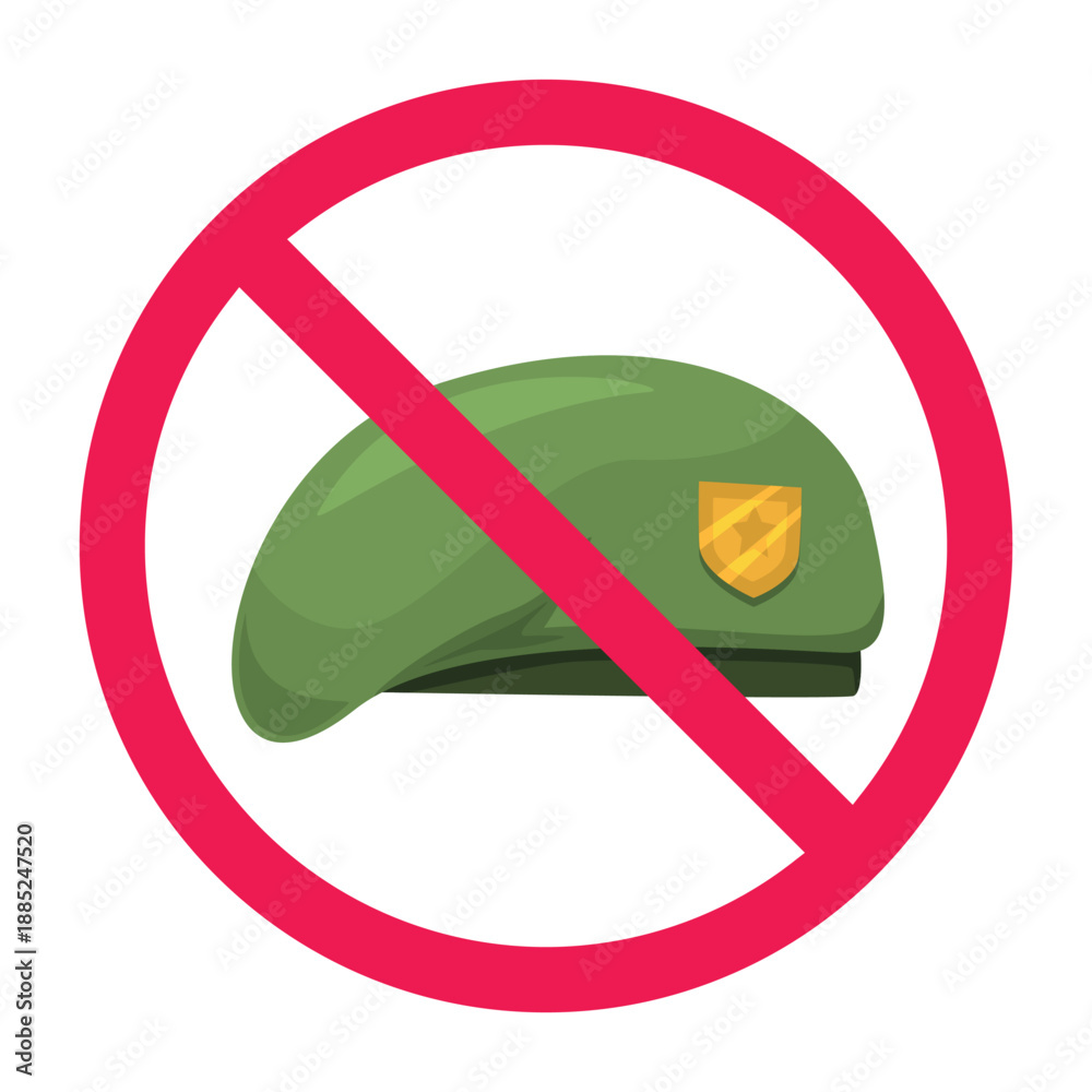 Obraz premium No military sign, no army sign, forbidden sign with military green beret icon, vector illustration 