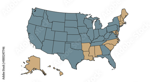 United States of America map highlighting states with distinct political or demographic characteristics
