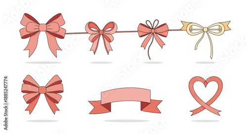 A charming collection concept of various hand-drawn pink bows and decorative ribbons, perfect for adding a touch of elegance to gifts, celebrations, and festive designs