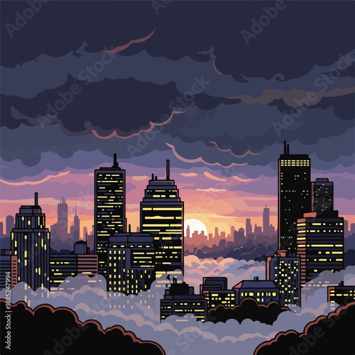 A city skyline at sunset with clouds and skyscrapers