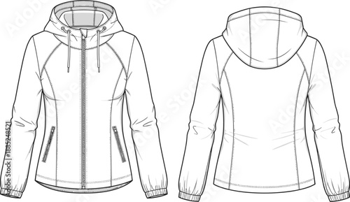 Womens hooded zip jacket technical cad drawing flat vector illustration, front back view fitted outerwear apparel fashion design