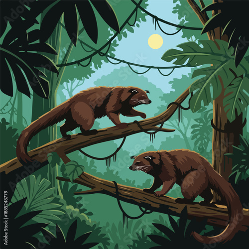Two brown animals on tree branches in jungle
