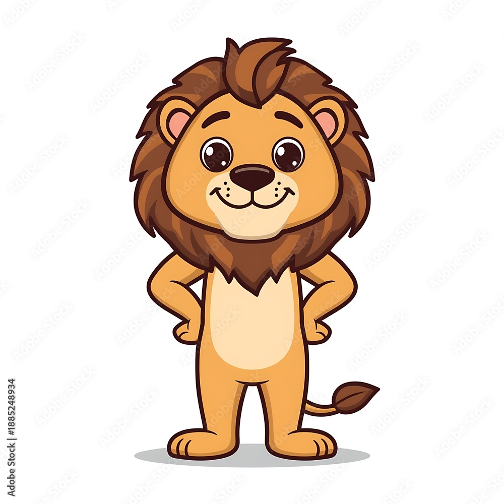 Fototapeta premium Adorable cartoon lion with a friendly expression, standing confidently with paws on hips, perfect for children's books and educational materials