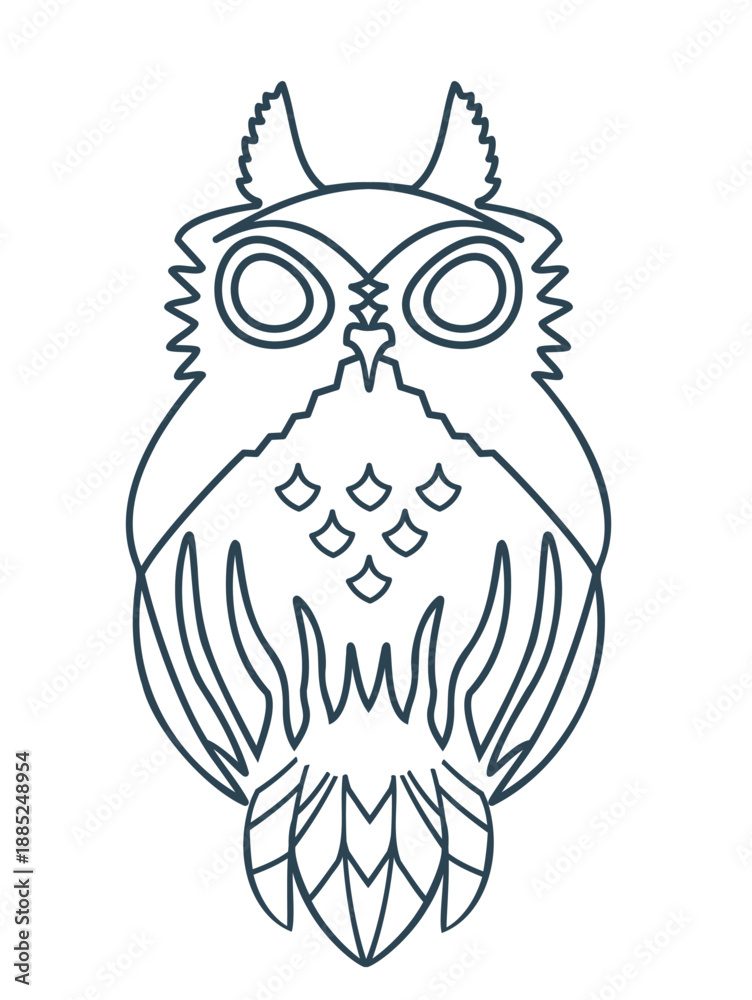 Fototapeta premium Artistic owl bird with hand-drawn contour and geometric feathers. Minimalist black and white style. Isolated vector illustration for logo, tattoo design, or branding